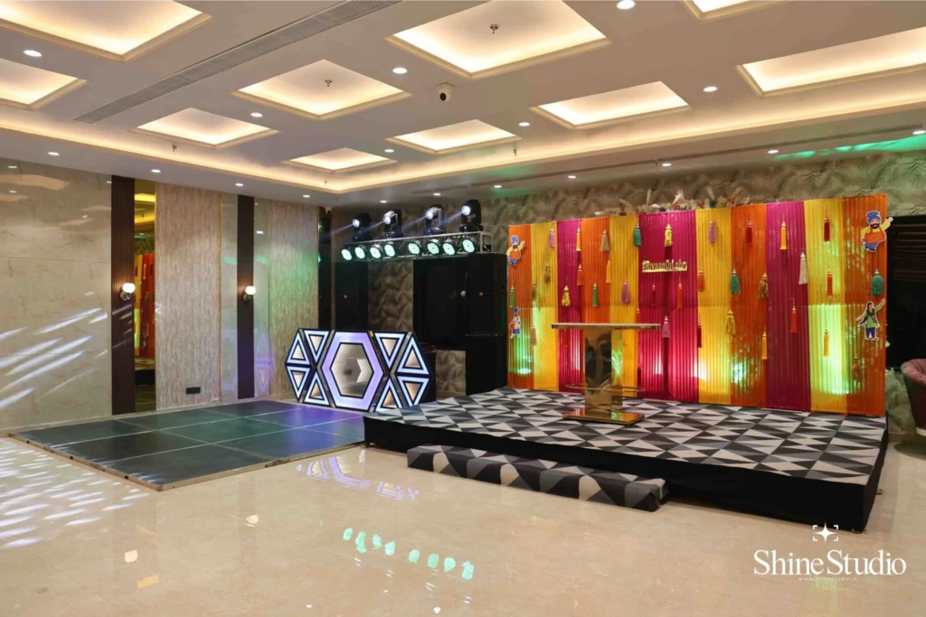 Stage, lighting and dance floor set up inside MirayaBlu