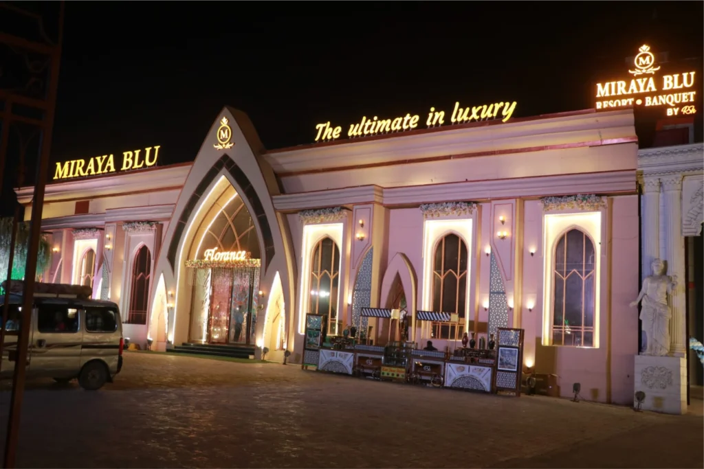 Front entrance of MirayaBlu banquet hall in Sikri, Ballabgarh